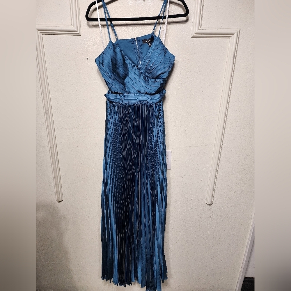 Lulus Got the Glam Teal Pleated Cutout Maxi Dress S Wedding Party Prom Whimsical - Picture 7 of 11